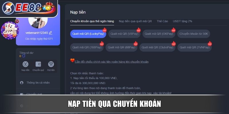 Nạp Tiền EE88 - Quy Trình Nạp Tiền An Toàn Và Đơn Giản 3 Nạp tiền qua chuyển khoản